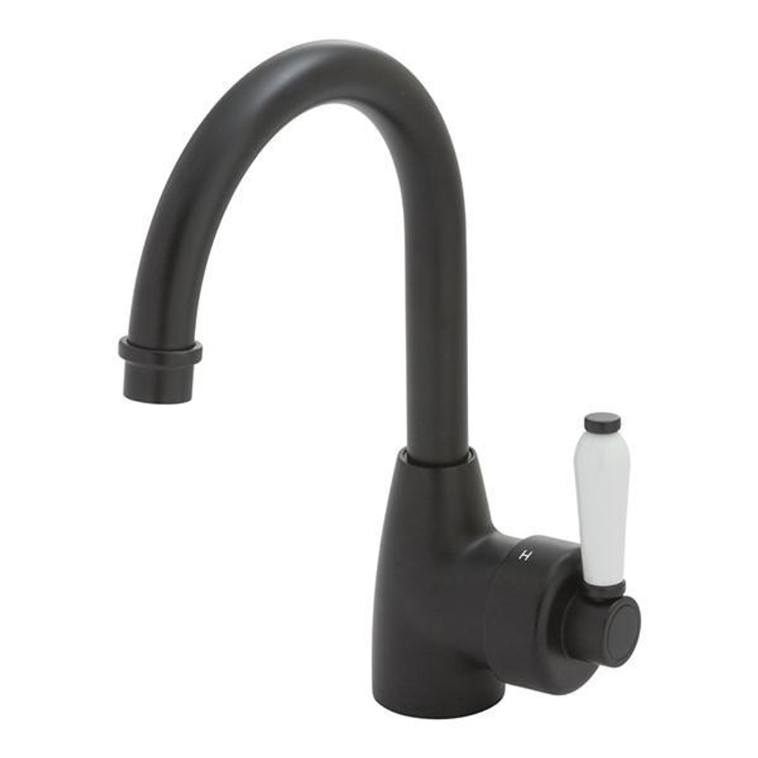 Fienza Eleanor Gooseneck Basin Mixer - Matte Black with White Ceramic Handle