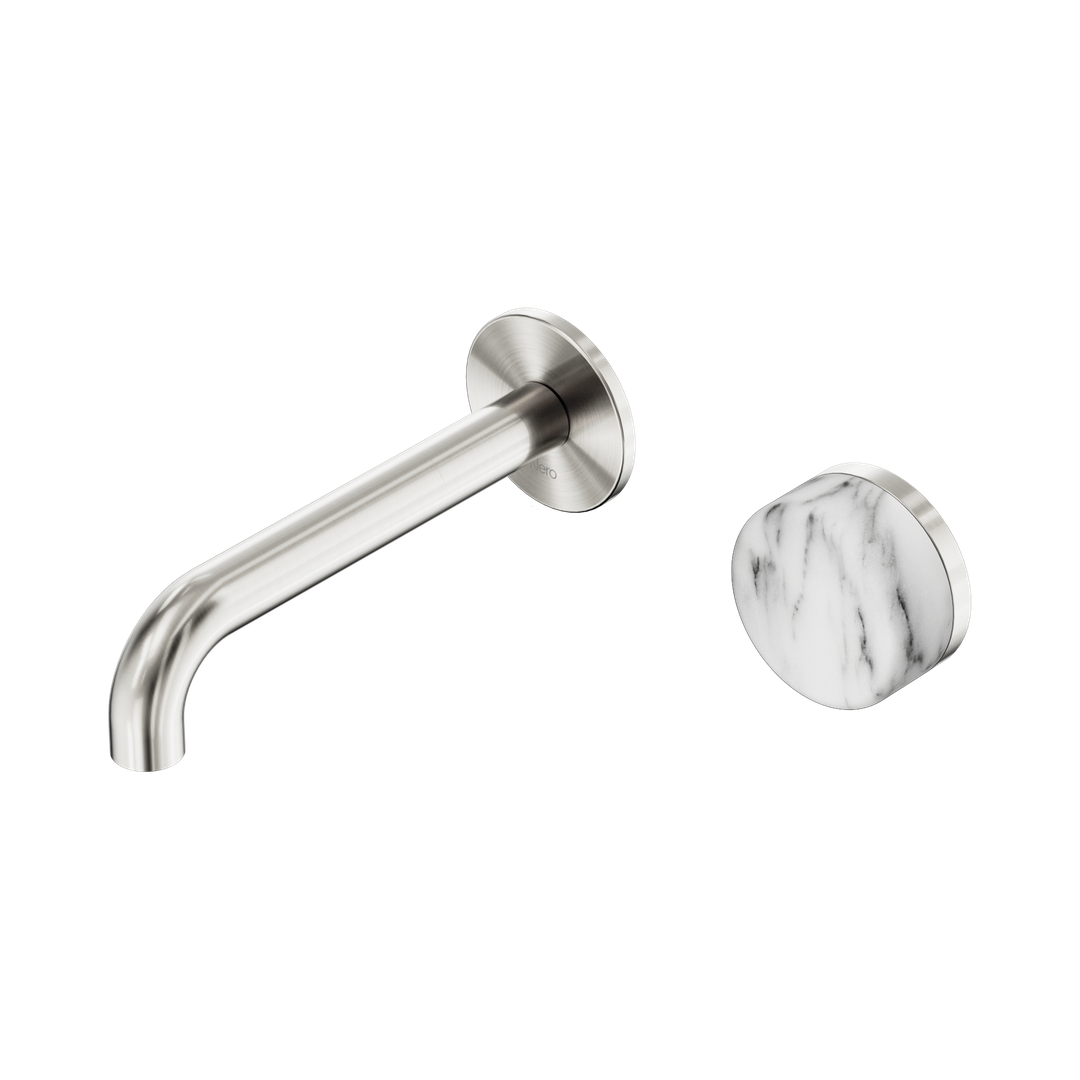 Nero Serenity Wall Basin Mixer 160mm Spout With Arabescato Corchia Handle - Brushed Nickel