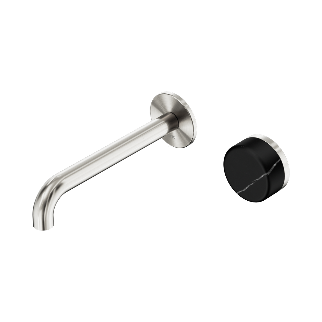Nero Serenity Wall Basin Mixer 185mm Spout With Marquina Black Handle - Brushed Nickel