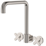 Fienza Kaya Cross Taps Squareline Wall Set - Brushed Nickel Lf Sus304 & Lf Brass