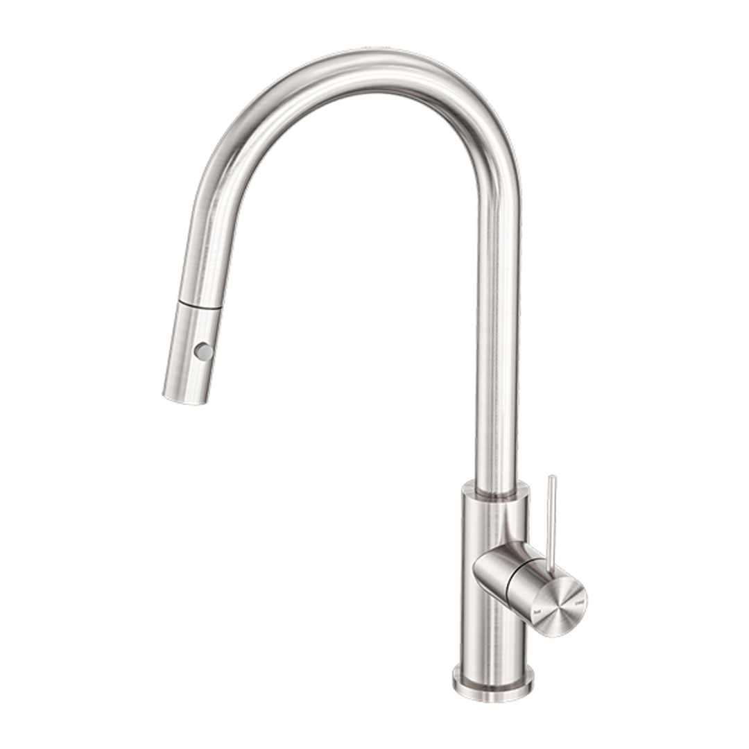 Nero Mecca Gooseneck Pull Out Sink Mixer With Vegie Spray - Brushed Nickel