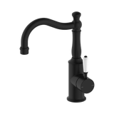 York Basin Nero Mixer Hook Spout With White Porcelain Lever - Matte Black