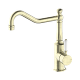 Nero York Kitchen Mixer Hook Spout With White Porcelain Lever - Aged Brass