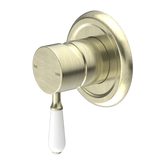 Nero York Shower Mixer With White Porcelain Lever - Aged Brass