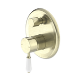 Nero York Shower Mixer With Diverter With White Porcelain Lever - Aged Brass