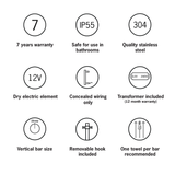 Thermoril Verticle Towel Bar Straight/Round With Hook 900x142x100mm 12V - Brushed Brass (24Watt)