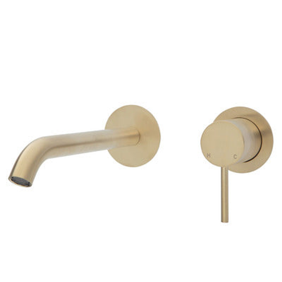 Fienza Kaya Basin/Bath Wall Mixer Set Round Plates 200mm Outlet - Urban Brass/Urban Brass