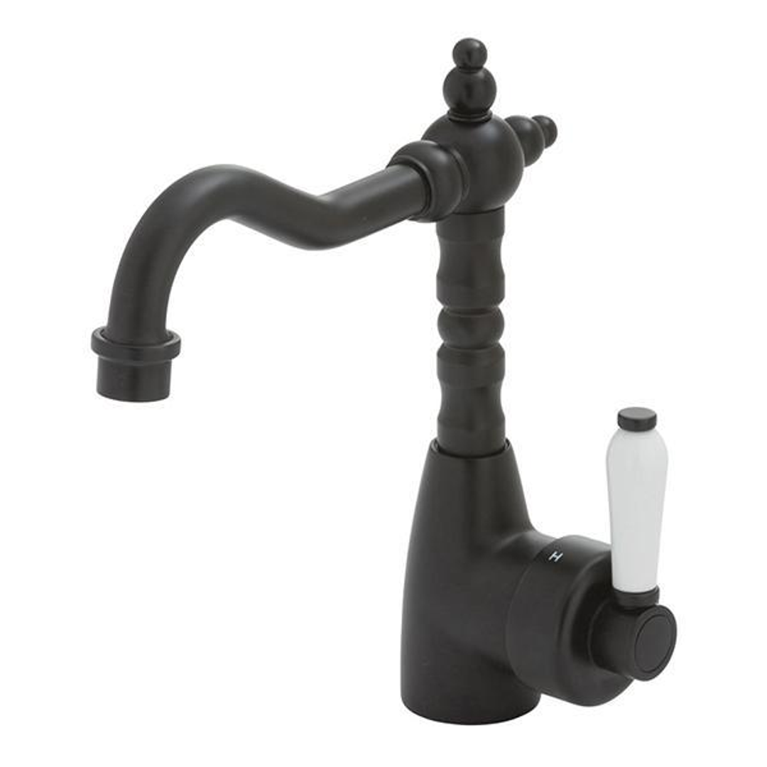 Fienza Eleanor Shepperds Crook Basin Mixer - Matte Black Ceramic Handle