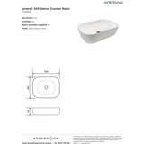 Streamline Arcisan Synergii Above Counter Basin No Tap Hole Oval White Ceramic - 500mm X 390mm
