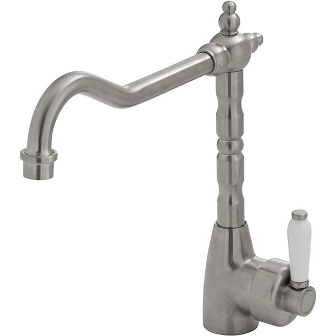 Fienza Eleanor Shepherds Crook Kitchen Sink Mixer - Brushed Nickel/White Ceramic Handle