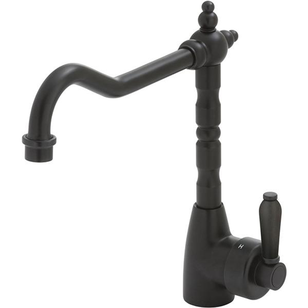 Fienza Eleanor Shepherds Crook Kitchen Sink Mixer - Matte Black/Black Ceramic Handle