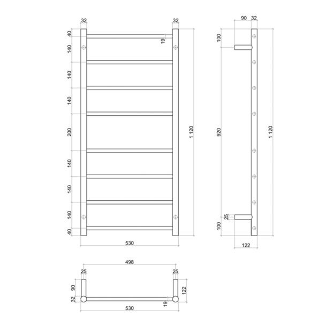 Thermorail Straight/Round 530x1120x122mm 80Watts 8 Bars - Brushed