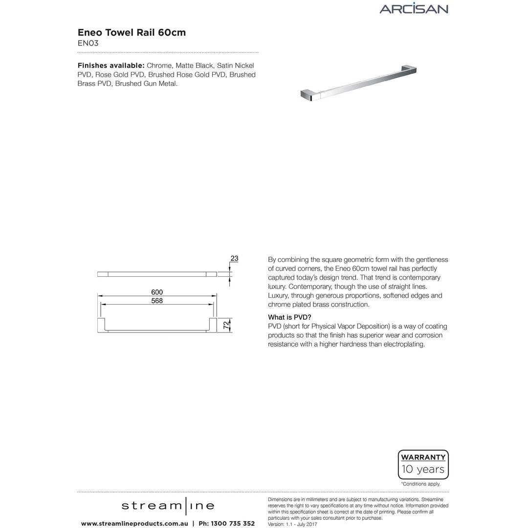 Arcisan Eneo Streamline Towel Rail 60cm - Matt Black
