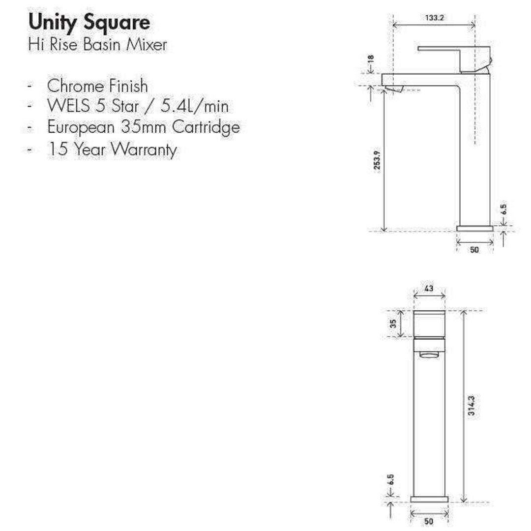 Aspire Unity Square Hi Rise Vessel Mixer - Chrome