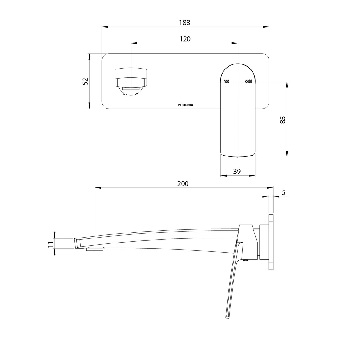 Phoenix Mekko Switchmix Wall Basin/Bath Mixer Set 200mm Fit-Off Kit - Matte Black