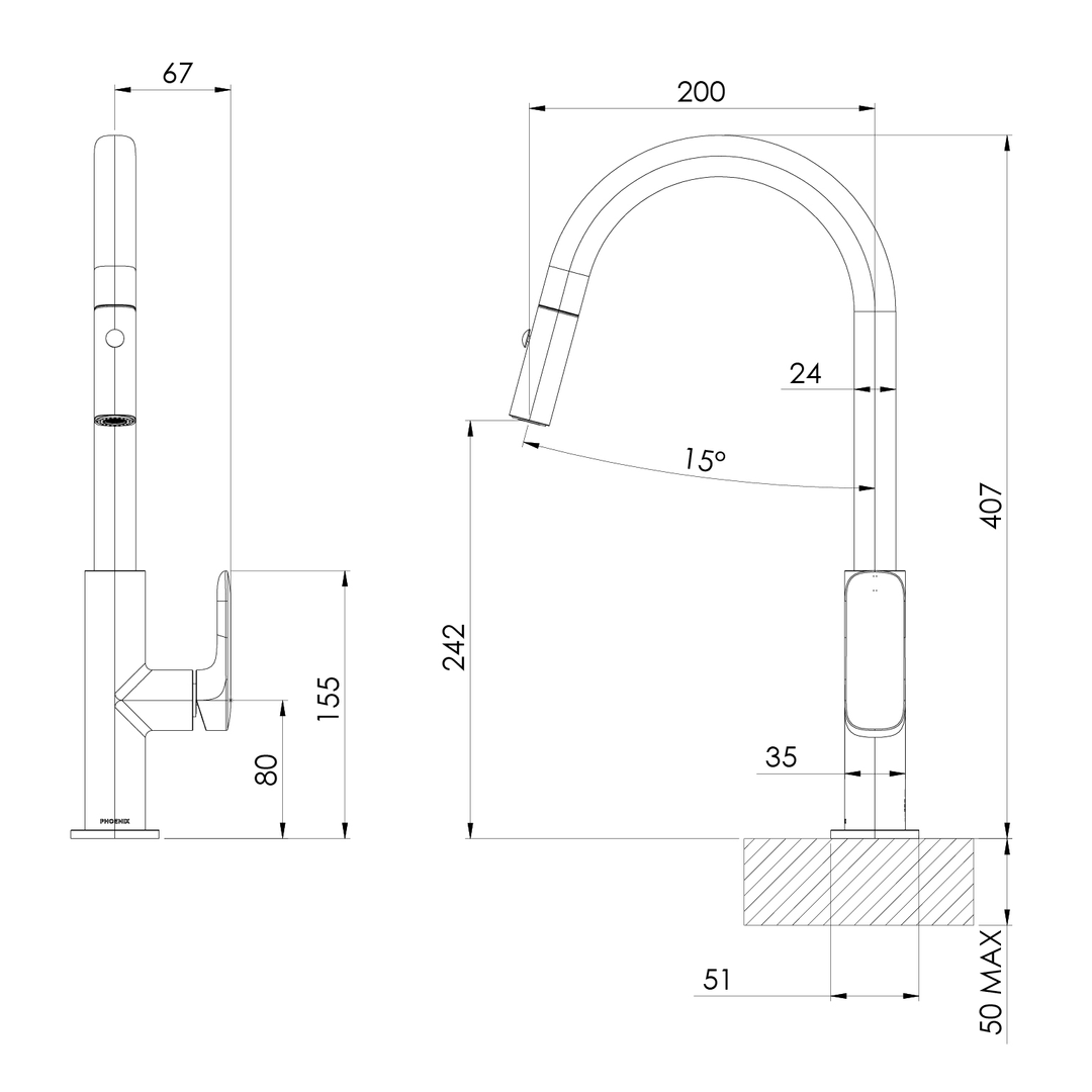Nauge Nauge Pull Out Phoenix Sink Mixer 200mm - Brushed Carbon