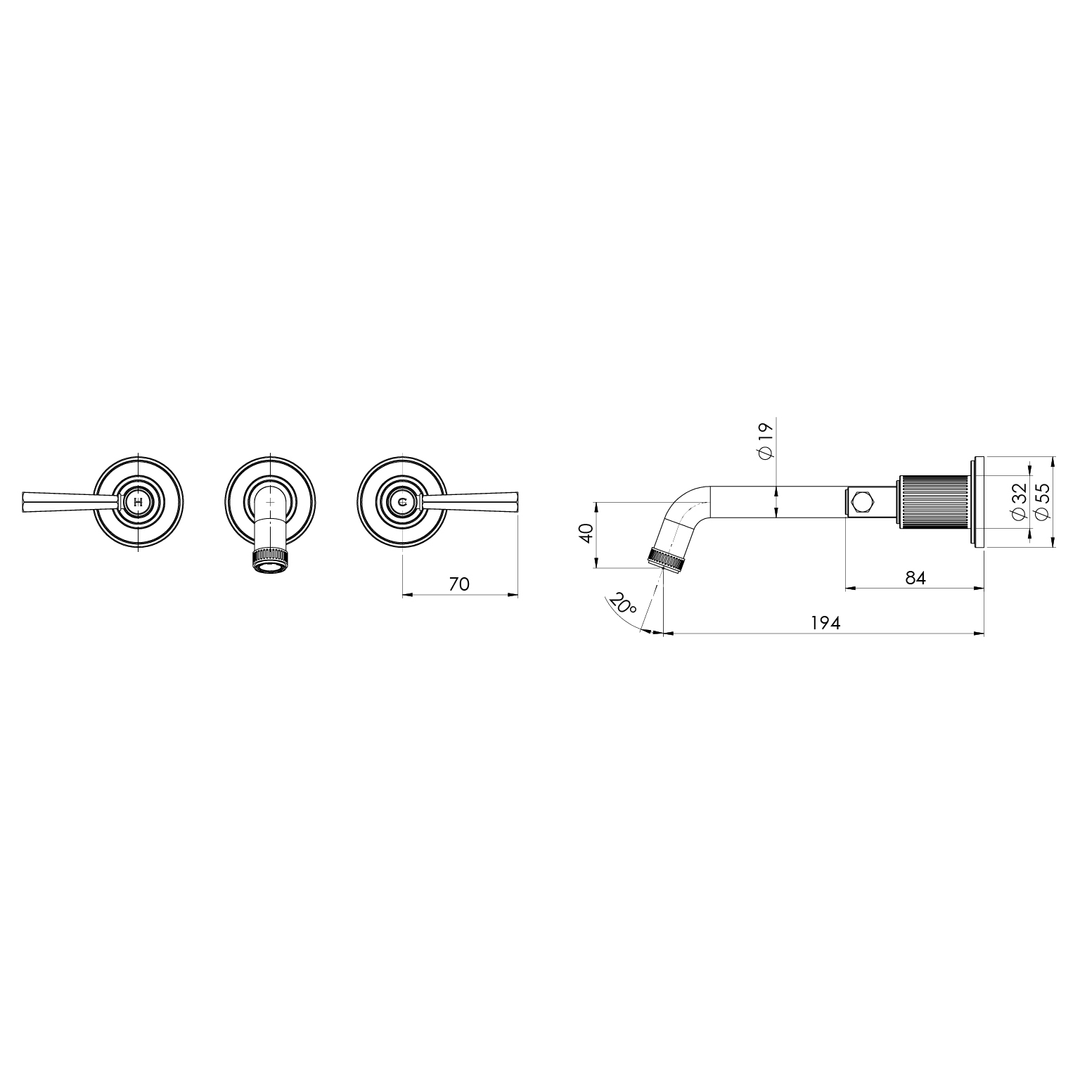 Wiltern Wiltern Wall Basin / Bath Phoenix Tap Set 190mm - Chrome