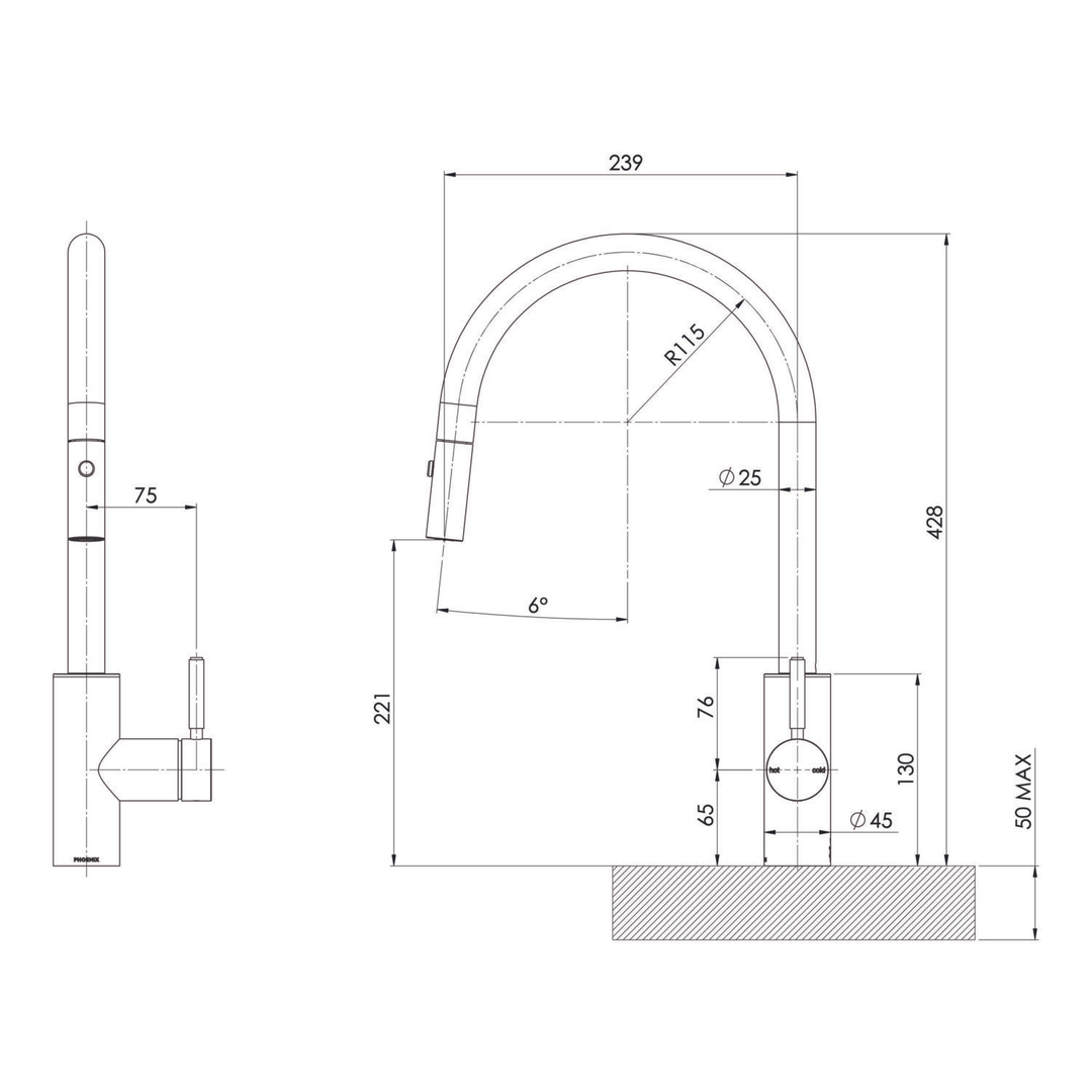 Pull Out Phoenix Vivid MKII Sink Mixer 240mm Gooseneck - Brushed Gold