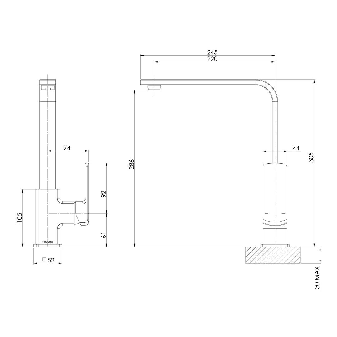 Teva Sink Phoenix Mixer 200mm Squareline - Brushed Nickel