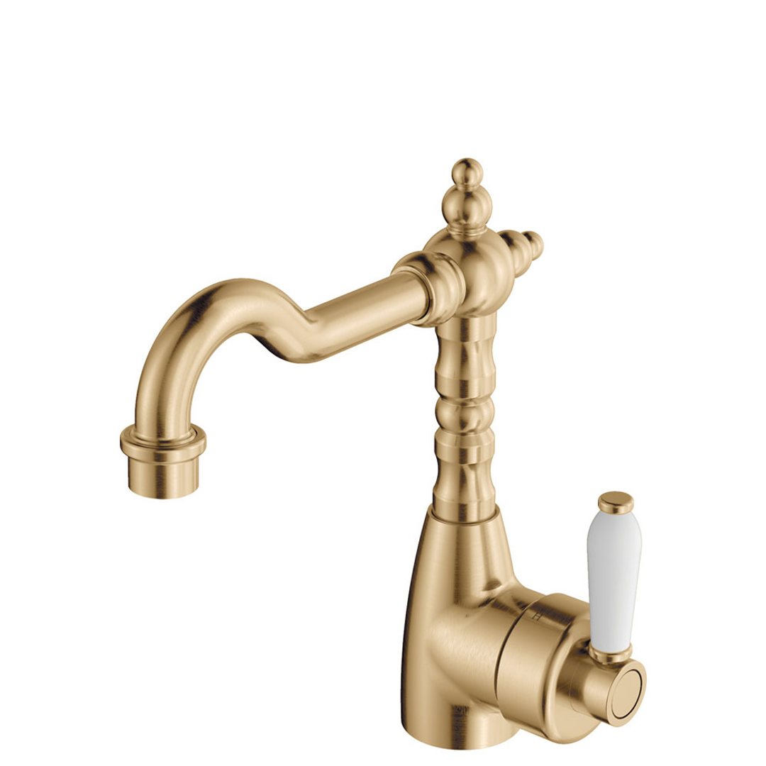 Fienza Eleanor Shepherds Crook Basin Mixer - Urban Brass /White