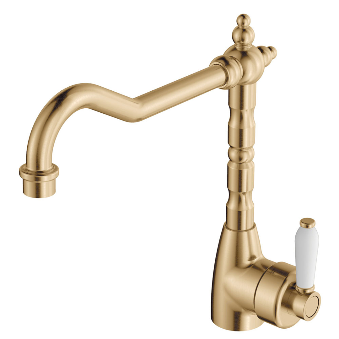 Fienza Eleanor Shepherds Crook Kitchen Sink Mixer - Urban Brass/White