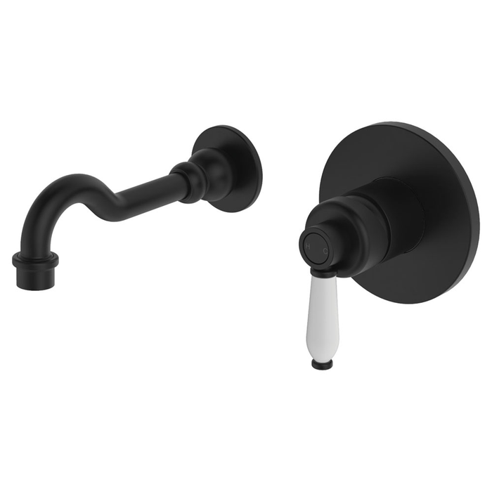 Fienza Eleanor Wall Mixer Basin/Bath Set 215Mm Outlet - Matte Black With White Handle