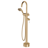 Fienza Eleanor Floor Mixer & Shower - Urban Brass With White Ceramic Handle