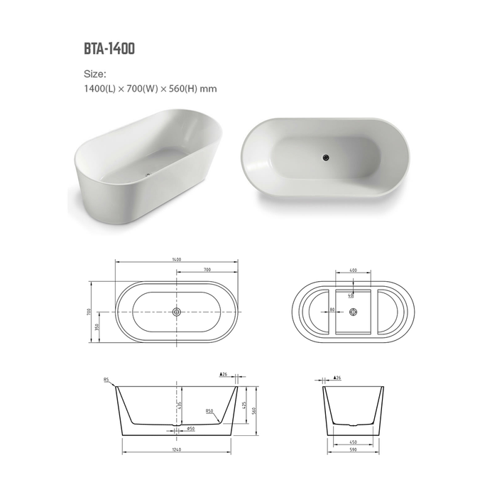 BNK Naga Freestanding Bath 1400 X 700 X 580mm - Gloss White