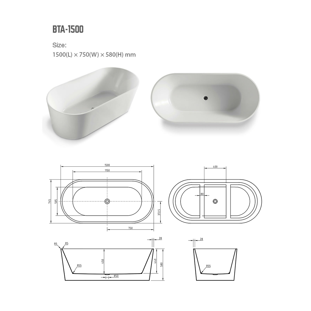 BNK Naga Freestanding Bath Matt White - 1500 X 750 X 580mm