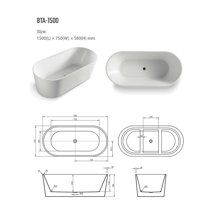 BNK Naga Freestanding Bath 1500 X 750 X 580mm Matt White