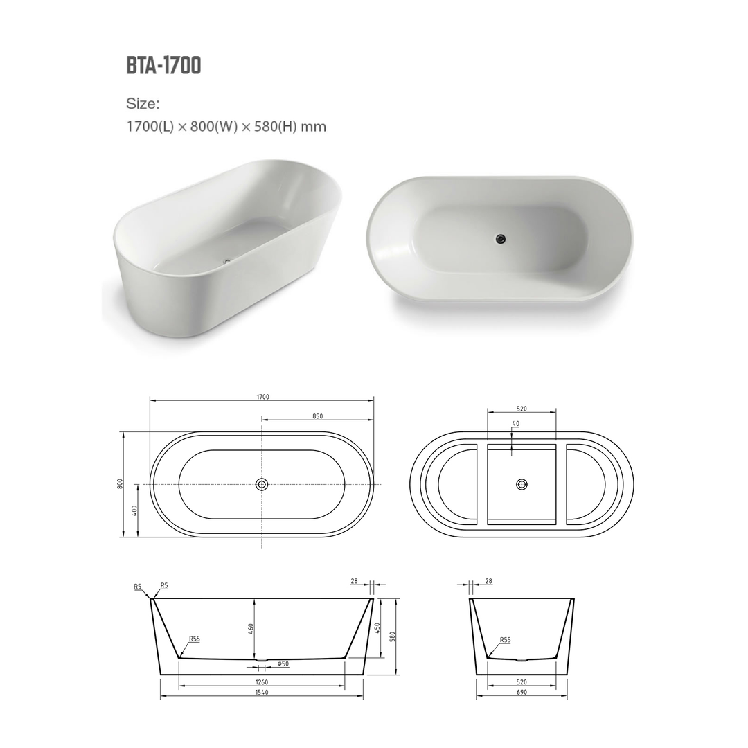 BNK Naga Freestanding Bath Matt White - 1700 X 800 X 580mm