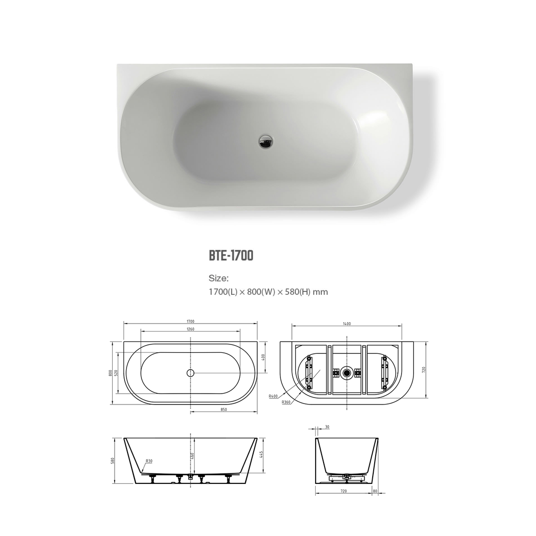 BNK Naga Back To Wall Bath Gloss White - 1700 X 800 X 580mm