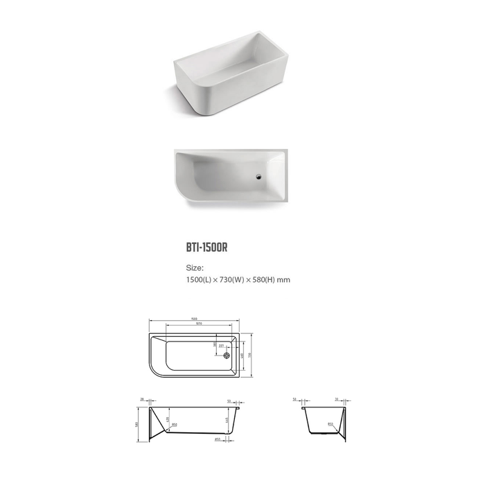 BNK Naga Right Hand Corner Bath 1500 X 730 X 580mm - Gloss White