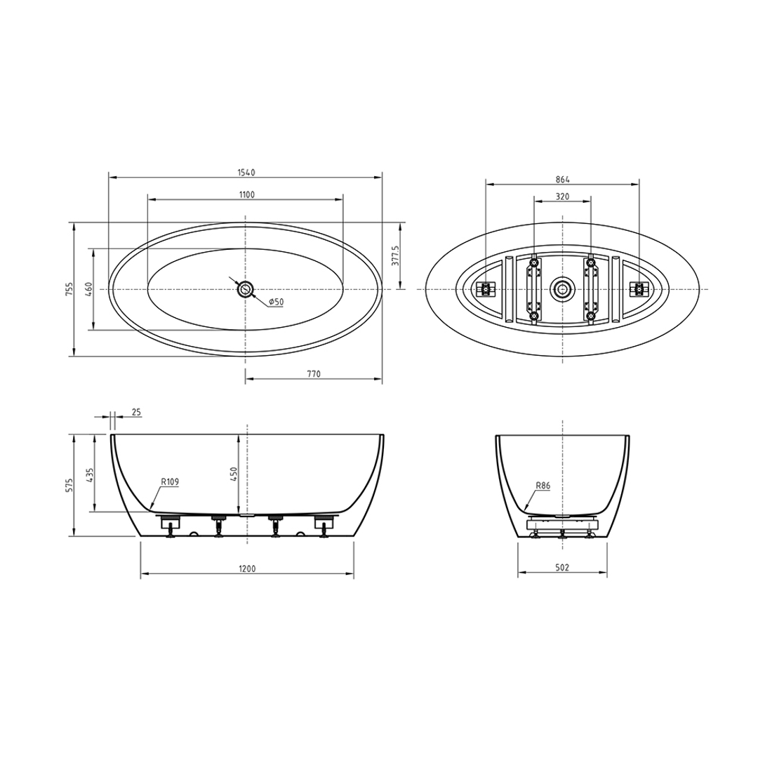 BNK Naga Oval Freestanding Bath Matt White - 1540 X 755 X 575mm