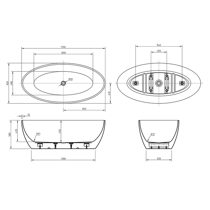 BNK Naga Oval Freestanding Bath 1700 X 800 X 580mm - Matt White