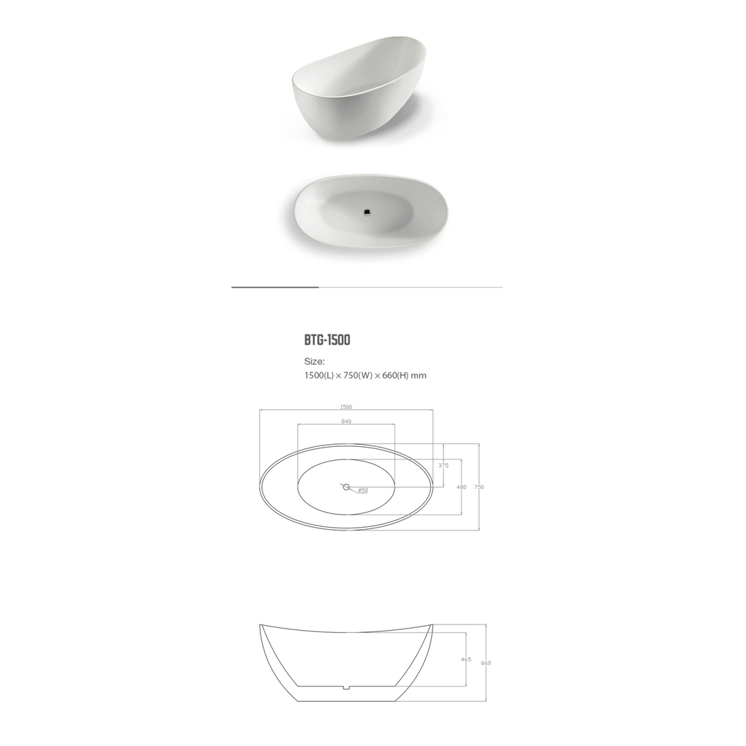 BNK Naga Boat Shape Freestanding Bath Matt White - 1500 X 750 X 680mm