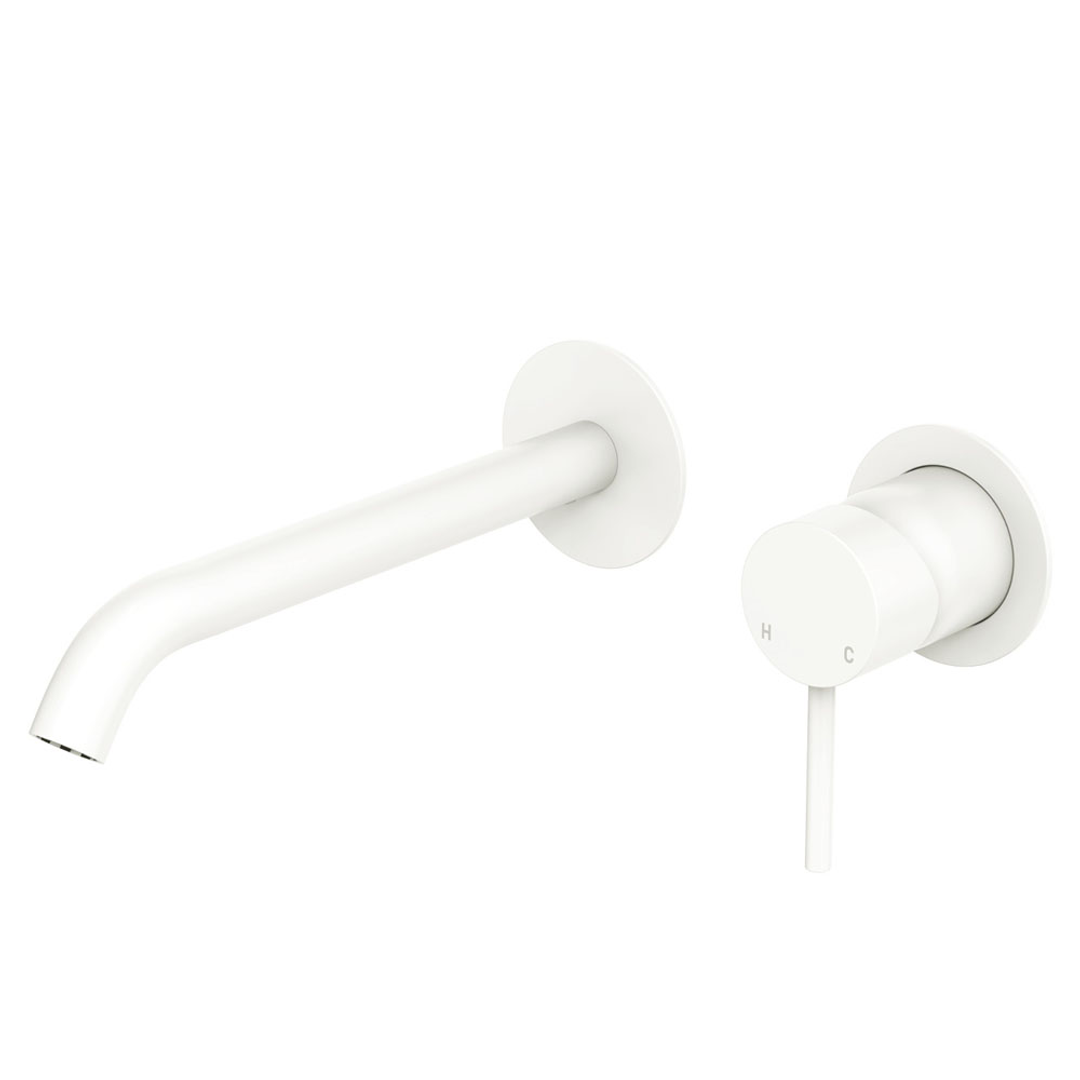 Fienza Kaya Basin/Bath Wall Mixer Set Round Plates 200mm Outlet - Matte White