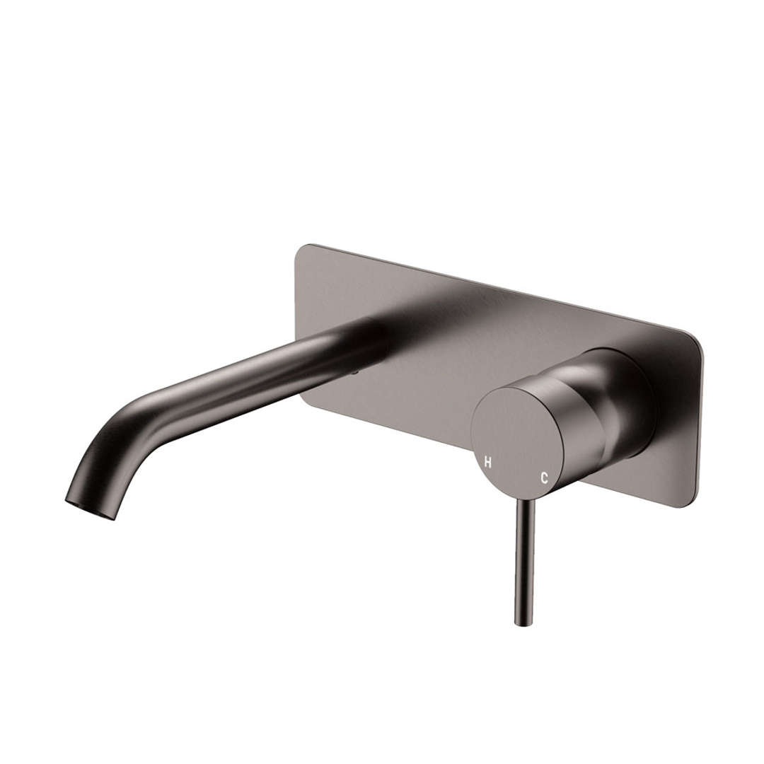 Fienza Kaya Basin/Bath Wall Mixer Set Rectangular Plates 160mm Outlet - Gunmetal