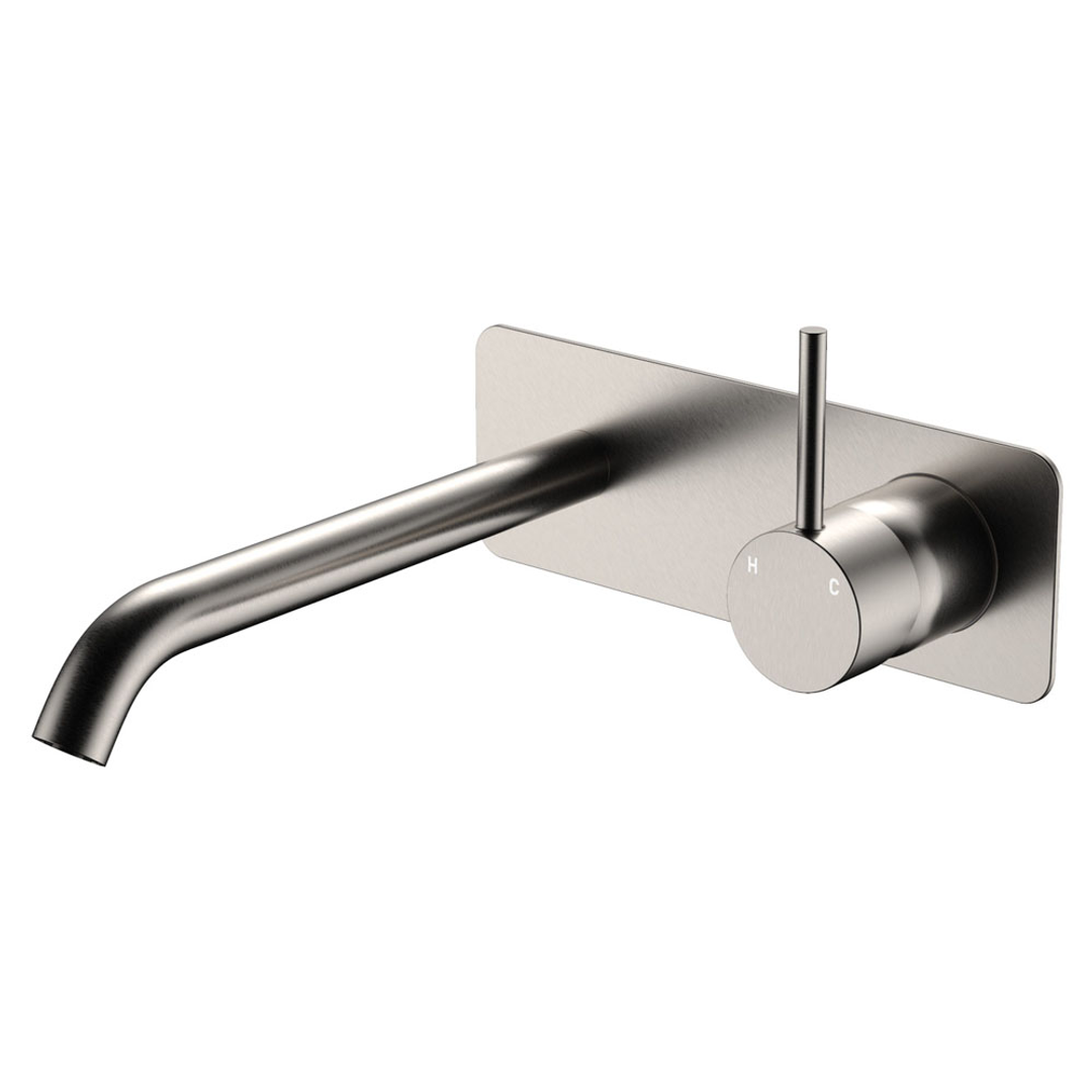 Fienza Kaya Up Basin/Bath Wall Mixer Set 200mm Outlet Set Rectangular Plate - Brushed Nickel/Brushed Nickel