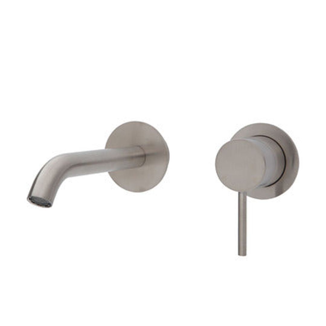 Fienza Kaya Basin/Bath Wall Mixer Set Round Plates 160mm Outlet - Brushed Nickel/Brushed Nickel