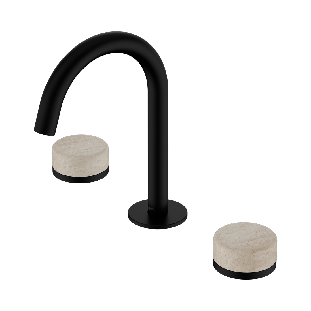 Nero Serenity Basin Set Arc Spout Matte Black - Rome Travertine Handle
