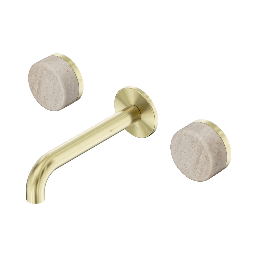 Nero Serenity Wall Basin Set 160Mm Spout Brushed Gold - Rome Travertine Handle