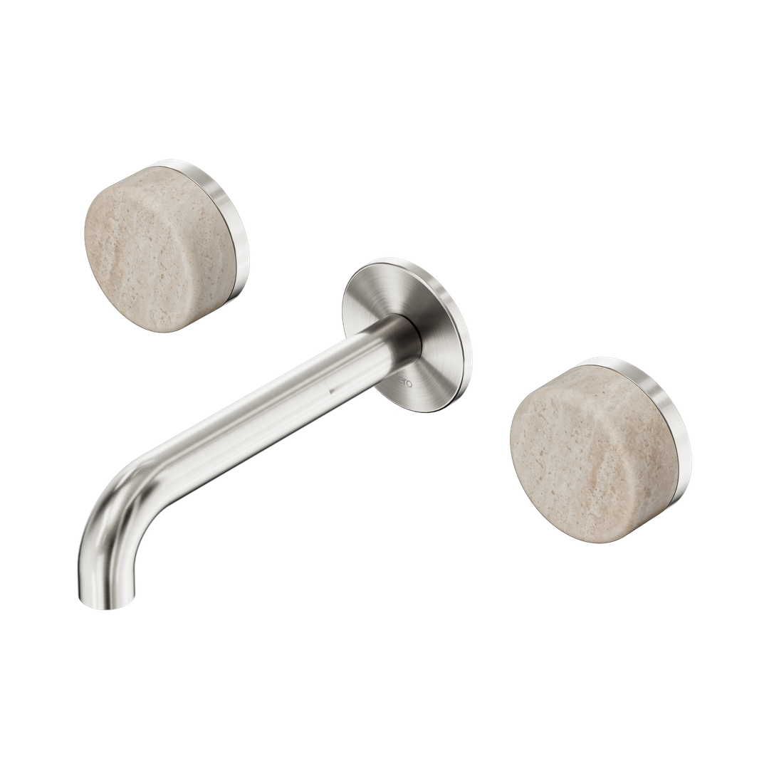 Nero Serenity Wall Basin Set 160Mm Spout Brushed Nickel - Rome Travertine Handle