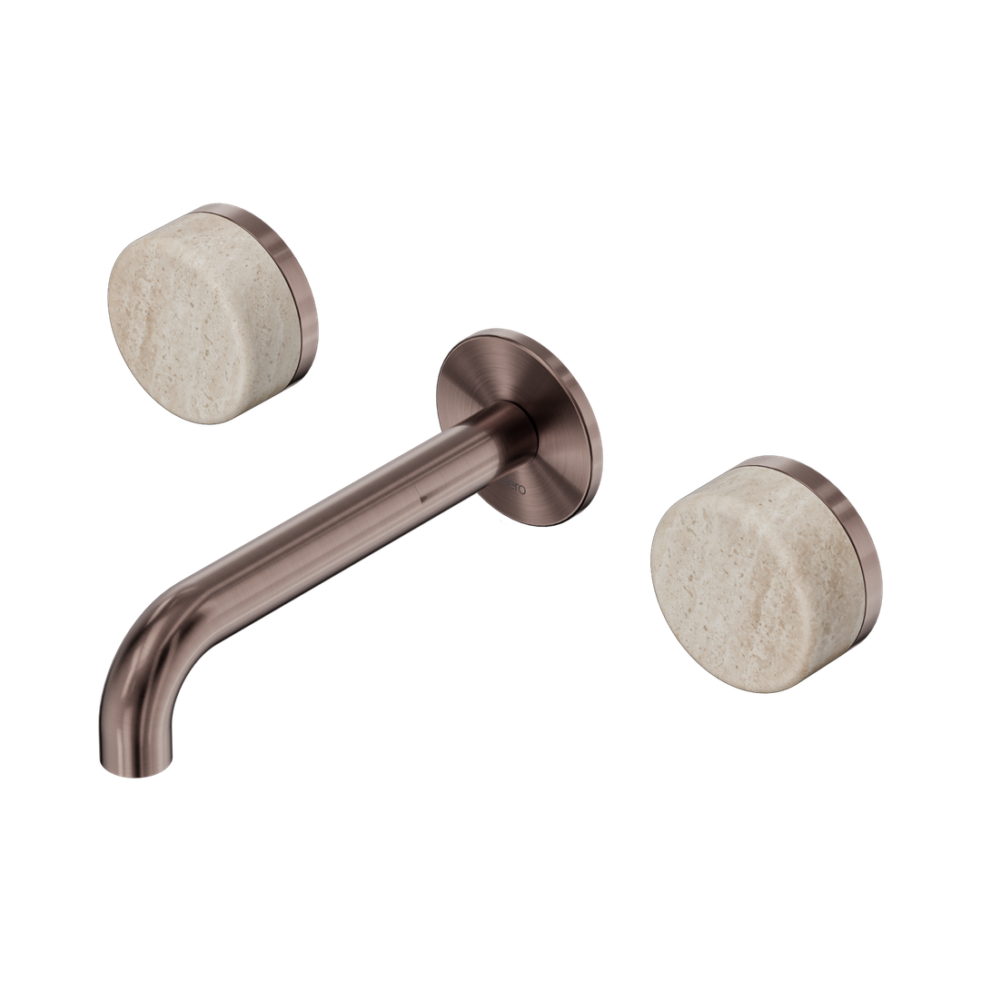 Nero Serenity Wall Basin Set 160Mm Spout Brushed Bronze - Rome Travertine Handle