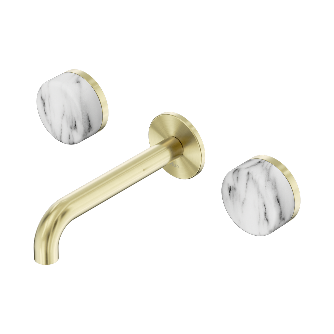 Nero Serenity Wall Basin Set 160Mm Spout Brushed Gold - Arabescato Corchia Handle