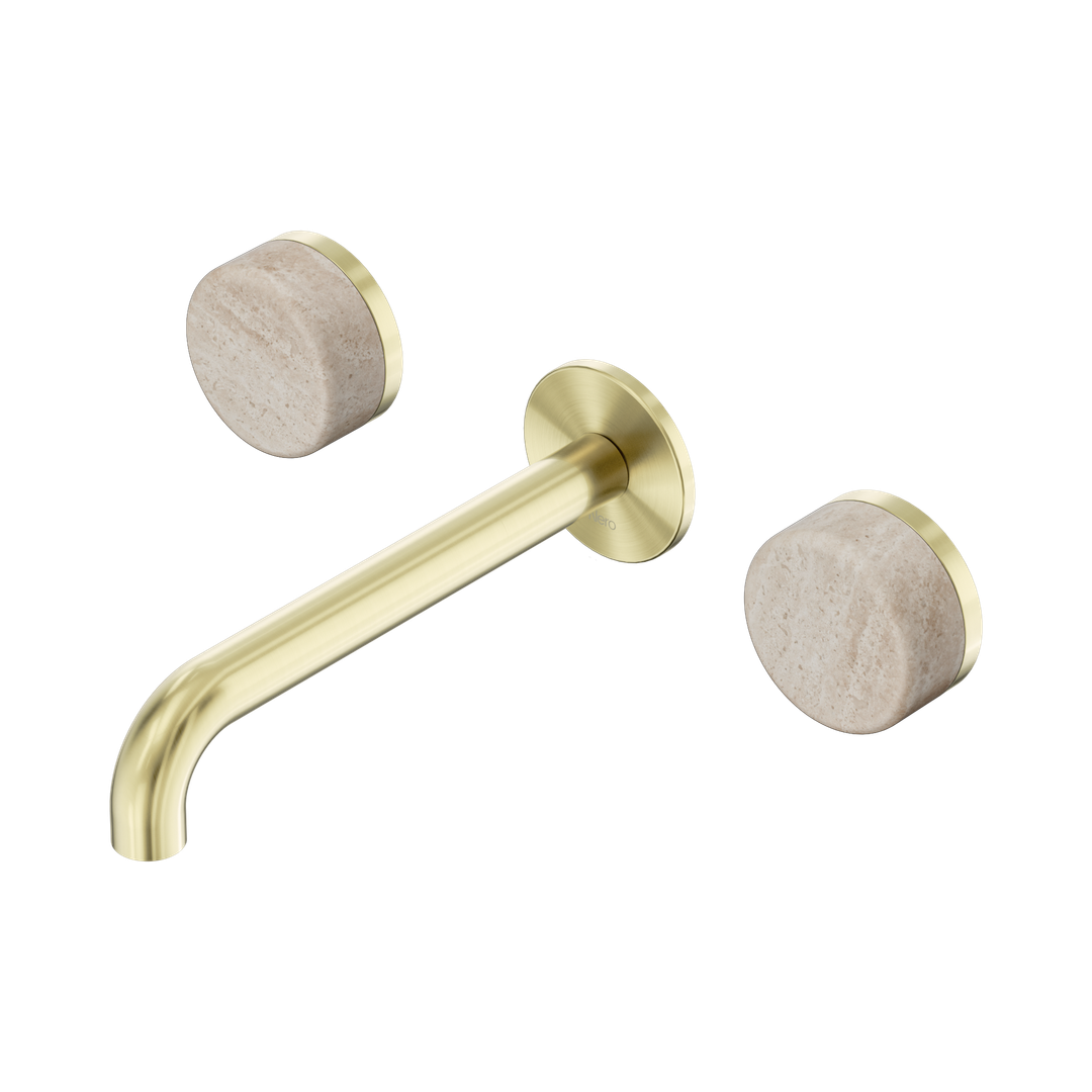 Nero Serenity Wall Basin Set 185Mm Spout Brushed Gold - Rome Travertine Handle