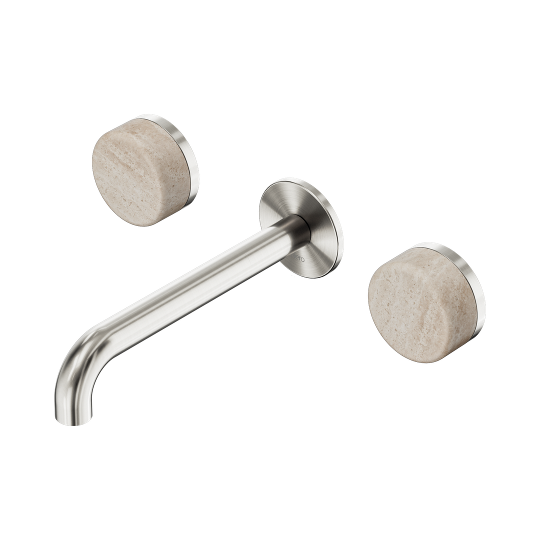 Nero Serenity Wall Basin Set 185Mm Spout Brushed Nickel - Rome Travertine Handle