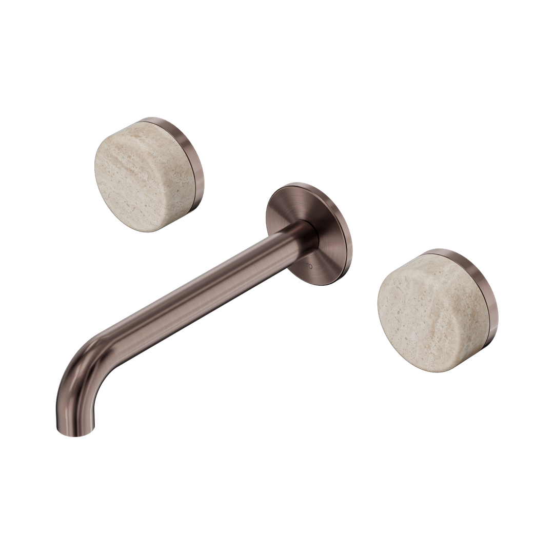 Nero Serenity Wall Basin Set 185Mm Spout Brushed Bronze - Rome Travertine Handle