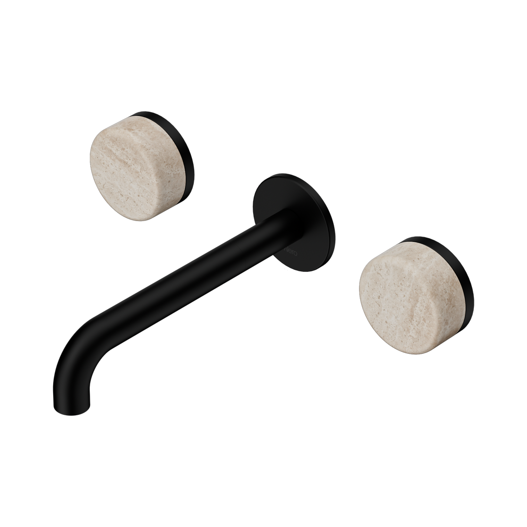 Nero Serenity Wall Basin Set 185Mm Spout Matte Black - Rome Travertine Handle