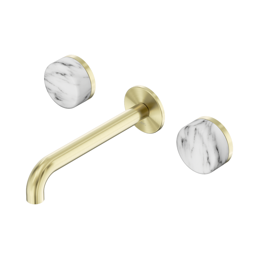 Nero Serenity Wall Basin Set 185Mm Spout Brushed Gold - Arabescato Corchia Handle